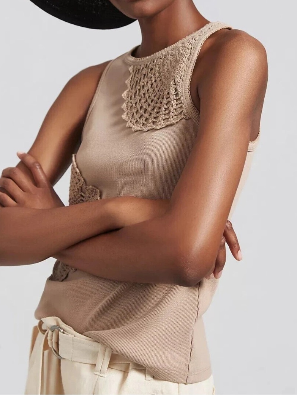 Anthropologie Crochet Appliqué Ribbed Neutral Beige Boho Sleeveless Tank Top - Picture 10 of 11